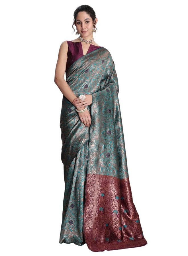Janasya Janasya Women's Sea Green Silk Blend Floral Woven Design Banarasi Saree with Blouse Piece (SAR623)  - Image 1