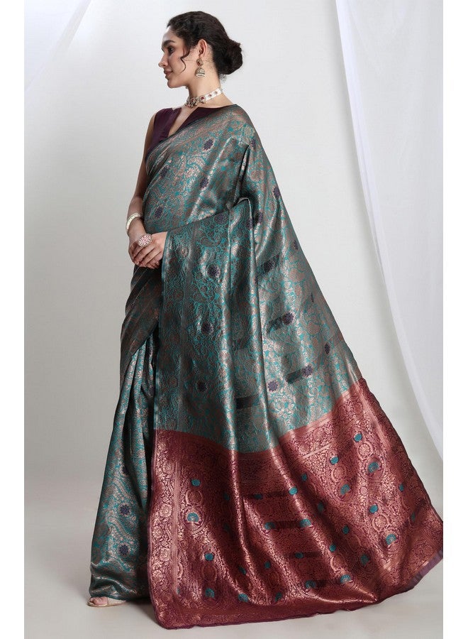 Janasya Janasya Women's Sea Green Silk Blend Floral Woven Design Banarasi Saree with Blouse Piece (SAR623)  - Image 5
