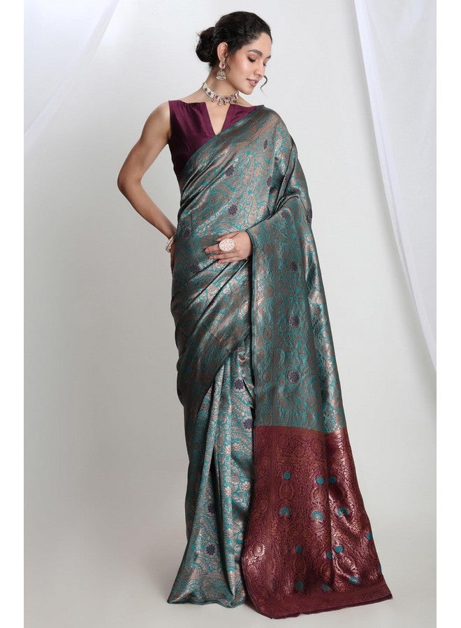 Janasya Janasya Women's Sea Green Silk Blend Floral Woven Design Banarasi Saree with Blouse Piece (SAR623)  - Image 3