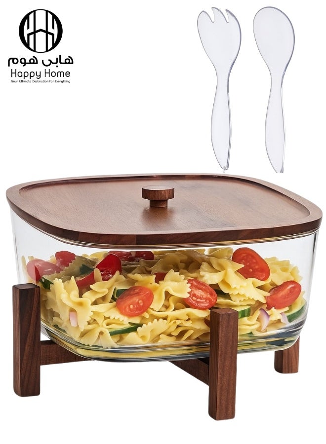 هابي هوم مجموعة أوعية سلطة من الأكريليك مع قاعدة وغطاء من خشب الأكاسيا – تشمل ملعقة وشوكة تقديم من الأكريليك – طقم سلطة أنيق مقاوم للكسر مثالي للمنزل والمطبخ والحفلات - Image 1