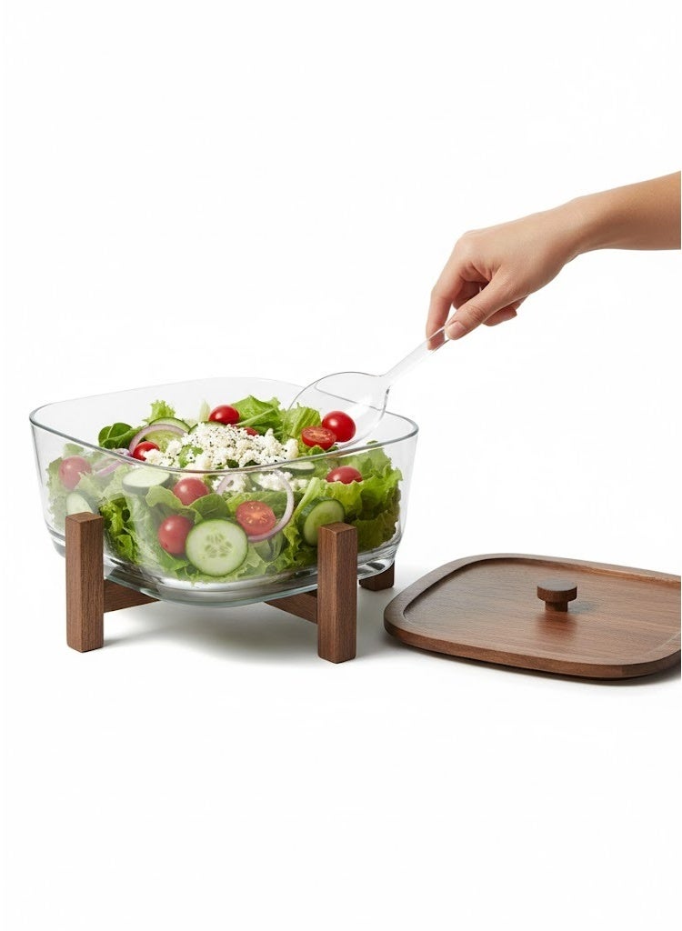 هابي هوم مجموعة أوعية سلطة من الأكريليك مع قاعدة وغطاء من خشب الأكاسيا – تشمل ملعقة وشوكة تقديم من الأكريليك – طقم سلطة أنيق مقاوم للكسر مثالي للمنزل والمطبخ والحفلات - Image 2