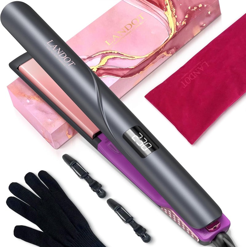 LANDOT LANDOT Flat Iron Hair Straightener 1inch Professional Ceramic Hair Straightening Iron  Dual Voltage Straightener and Curler 2 in 1 with Adjustable Temp from 250F to 450F