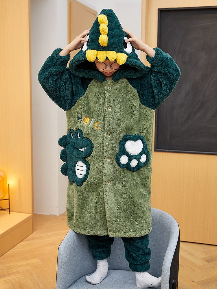 Winter Children'S Thickened Nightgown Suit Flannel Cartoon Dinosaur Boy Long Bathrobe Coral Fleece Warm Home Clothes - Image 2