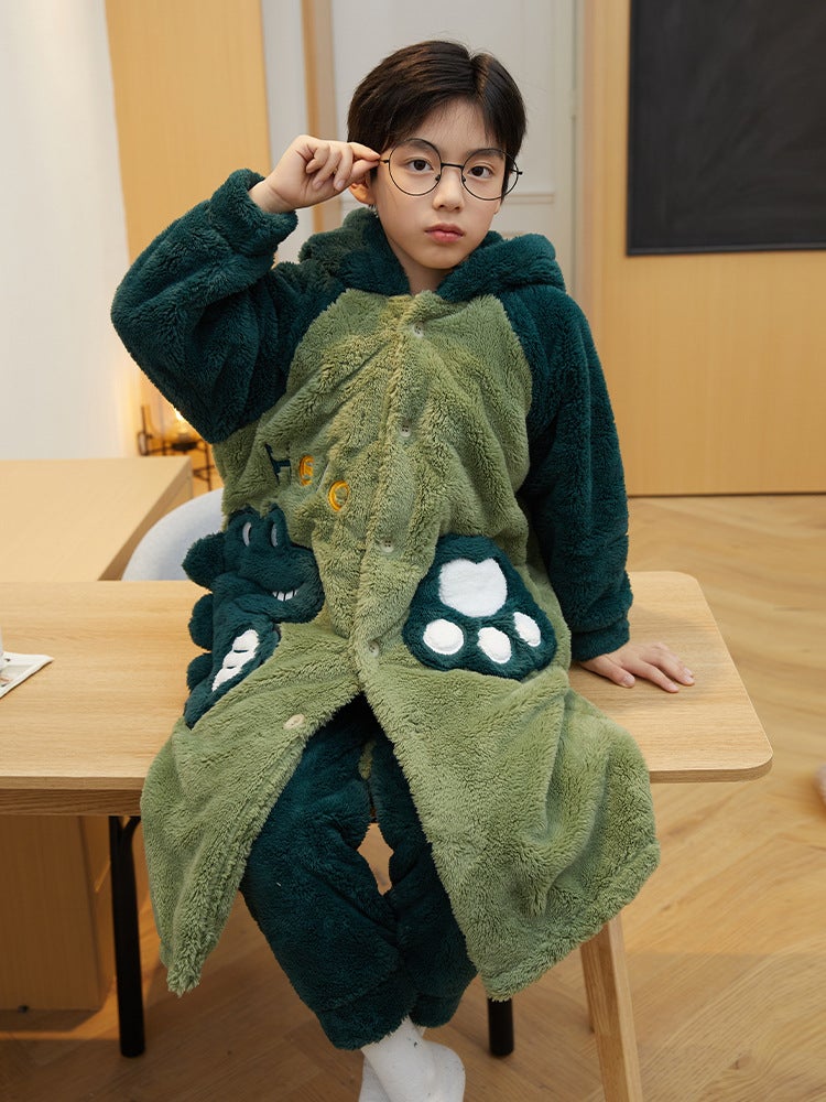 Winter Children'S Thickened Nightgown Suit Flannel Cartoon Dinosaur Boy Long Bathrobe Coral Fleece Warm Home Clothes - Image 3