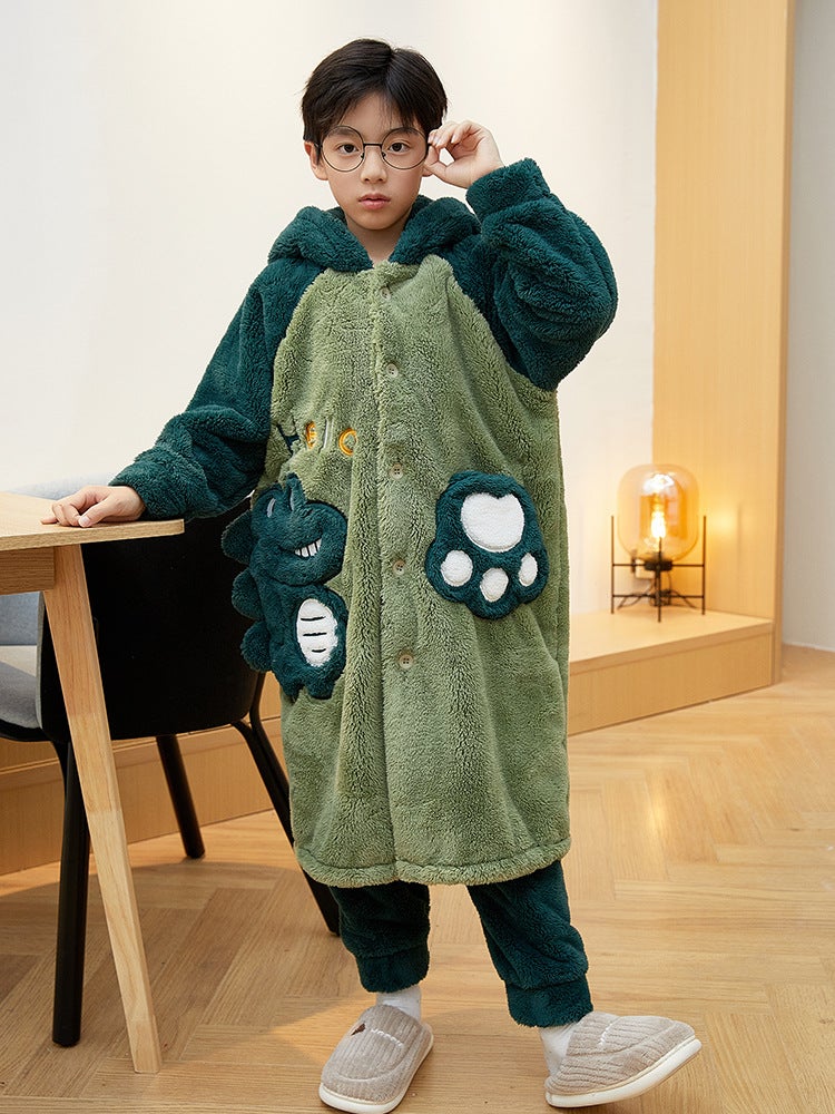 Winter Children'S Thickened Nightgown Suit Flannel Cartoon Dinosaur Boy Long Bathrobe Coral Fleece Warm Home Clothes - Image 5