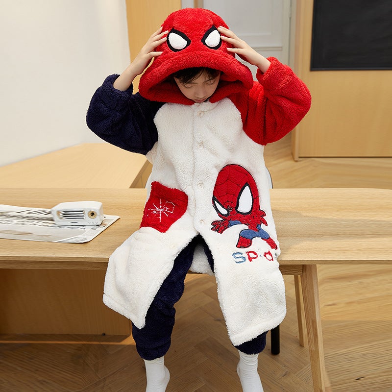 Winter Children'S Thickened Nightgown Suit Flannel Cartoon Dinosaur Boy Long Bathrobe Coral Fleece Warm Home Clothes - Image 1