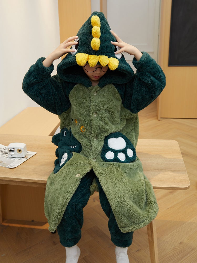 Winter Children'S Thickened Nightgown Suit Flannel Cartoon Dinosaur Boy Long Bathrobe Coral Fleece Warm Home Clothes - Image 4