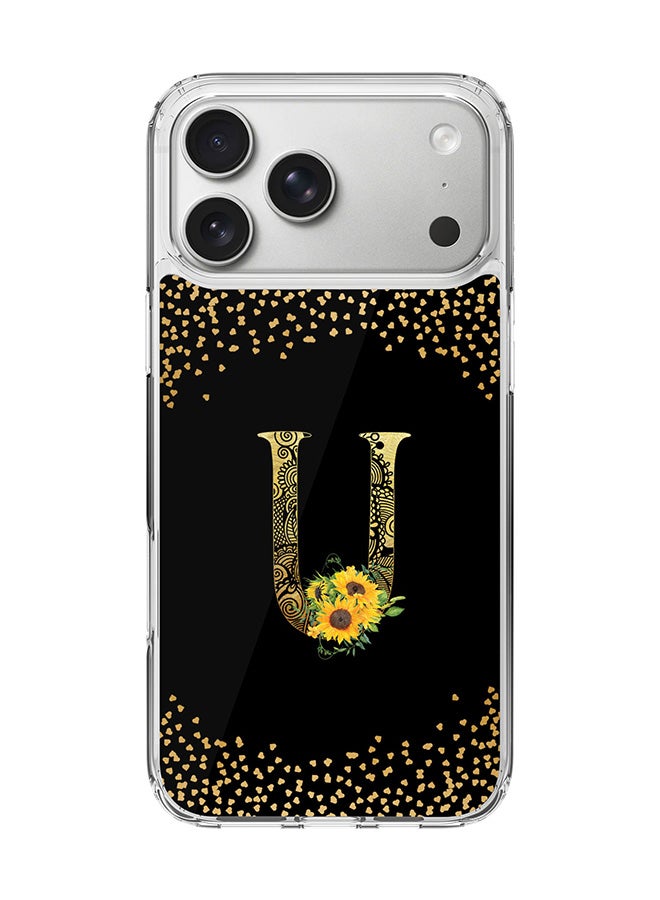 Stylizedd Classic Clear MagSafe Case for iPhone 17 Pro Max , Hybrid Soft Case Flexible Edges Anti Drop TPU PC Gel Thin Transparent Cover [ Designed for iPhone 17 Pro Max ] - Custom Monogram Initial Letter Floral Pattern Alphabet - U ( Black )
