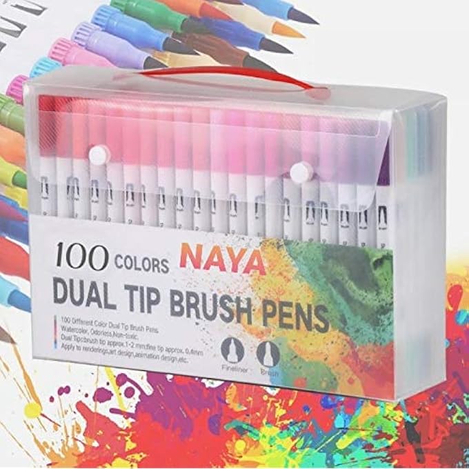 Naya FELT TIP PENS COLOURING MARKERS 100 WATERCOLOUR MARKER PEN, DOUBLE TIP ART FINE BRUSH MARKERS FOR ADULT STUDENTS, DIY CARD MAKING, PHOTO ALBUM COLOURING BOOKS CRAFT DOODLING. (100 PACK) - Image 2