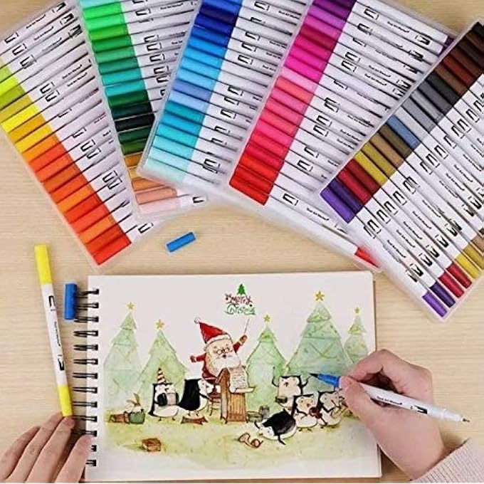 Naya FELT TIP PENS COLOURING MARKERS 100 WATERCOLOUR MARKER PEN, DOUBLE TIP ART FINE BRUSH MARKERS FOR ADULT STUDENTS, DIY CARD MAKING, PHOTO ALBUM COLOURING BOOKS CRAFT DOODLING. (100 PACK) - Image 4