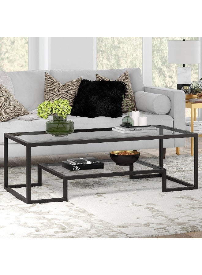 HOME TASTE Coffee Table 2 Tier Modern Tempered Glass Tabletop With Sturdy Metal Frame Centre Table For Dining Room Modern Geometric Glass Coffee Table With Mid Glass Shelf Black - Image 1