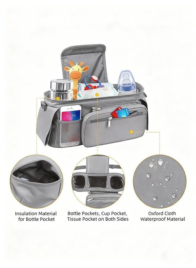 Baby Stroller Hanging Organizer Bag, Waterproof Multi Pocket Storage Bag with Insulated Cup Holder and Detachable Pouch & Adjustable Shoulder Strap, Portable Baby Travel Accessory Bag for Outdoor Walking Shopping - Image 3