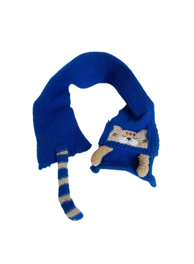 LITTLE SURPRISE BOX Dark Blue Bear Woven Stretchable Woolen Winter Cap For Kids With Matching Neck Muffler Set