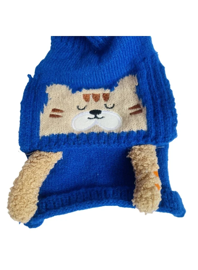 LITTLE SURPRISE BOX Dark Blue Bear Woven Stretchable Woolen Winter Cap For Kids With Matching Neck Muffler Set