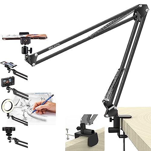 BROLAVIYA Overhead Video Mobile Stand, New Extra Long Arm, Large 2 Way Base clamp,1/4" Ball Head for Camera,Gopro Webcams, with Mobile Bracket - Image 1
