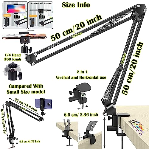 BROLAVIYA Overhead Video Mobile Stand, New Extra Long Arm, Large 2 Way Base clamp,1/4" Ball Head for Camera,Gopro Webcams, with Mobile Bracket - Image 3