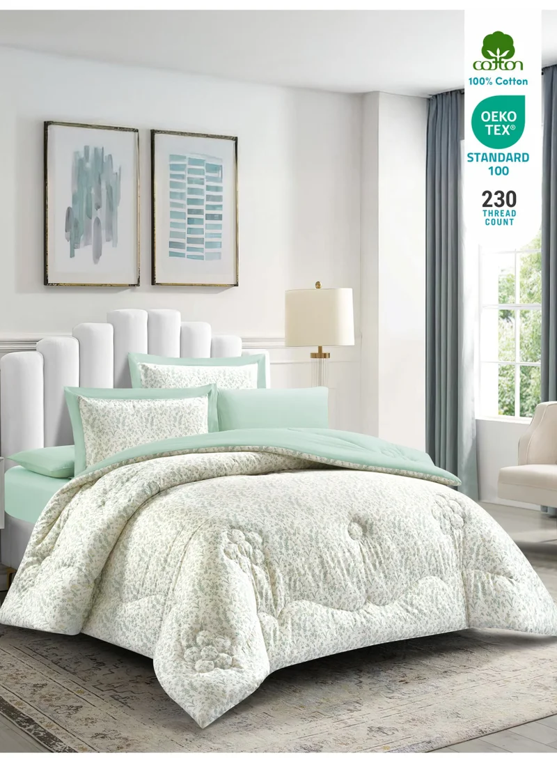 Donetella Cotton 6-Piece King Comforter Bedding Set Fits 200x200 cm – 350 GSM Filling with Fitted Sheet, Pillow Shams & Pillowcases, Stylish Printed Elegance