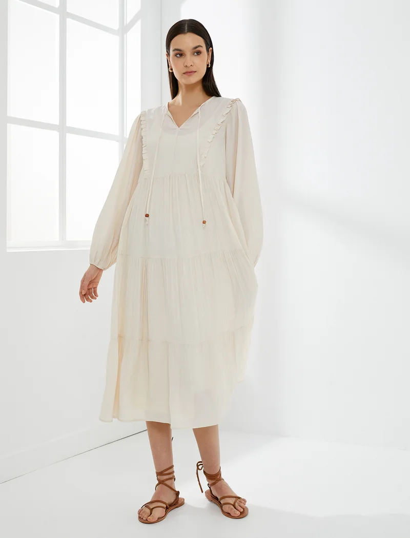كوتون Tie Neck Puff Sleeve Midi Viscose Dress