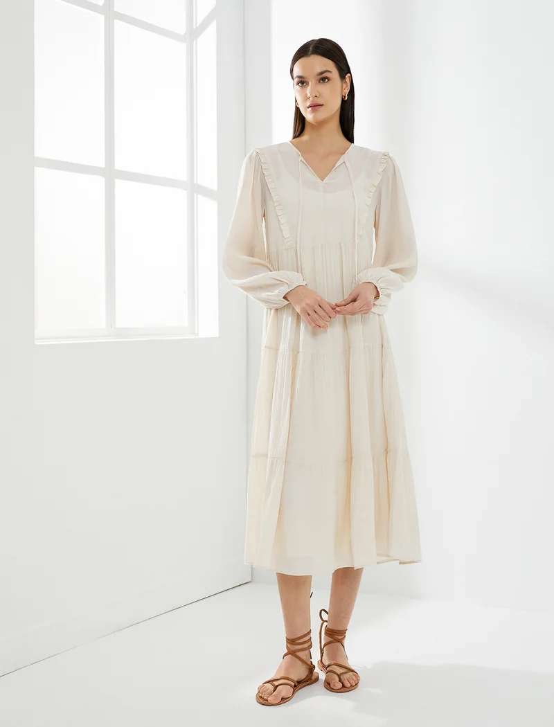 كوتون Tie Neck Puff Sleeve Midi Viscose Dress