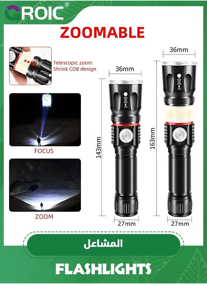 GROIC - Flashlight Stretchable Zoom High-Brightness Flashlight, Rechargeable LED Flashlight and Work Light, Durable, Portable Carry Camping Flashlight with 4 Light Modes, COB. Work Light and Magnetic Base - Image 1