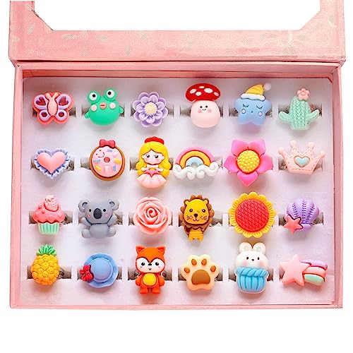 PinkSheep Little Girl Jewel Rings in Heart Box, Adjustable, Girl Gift Pretend Play and Dress Up Rings (Mat) - Image 1