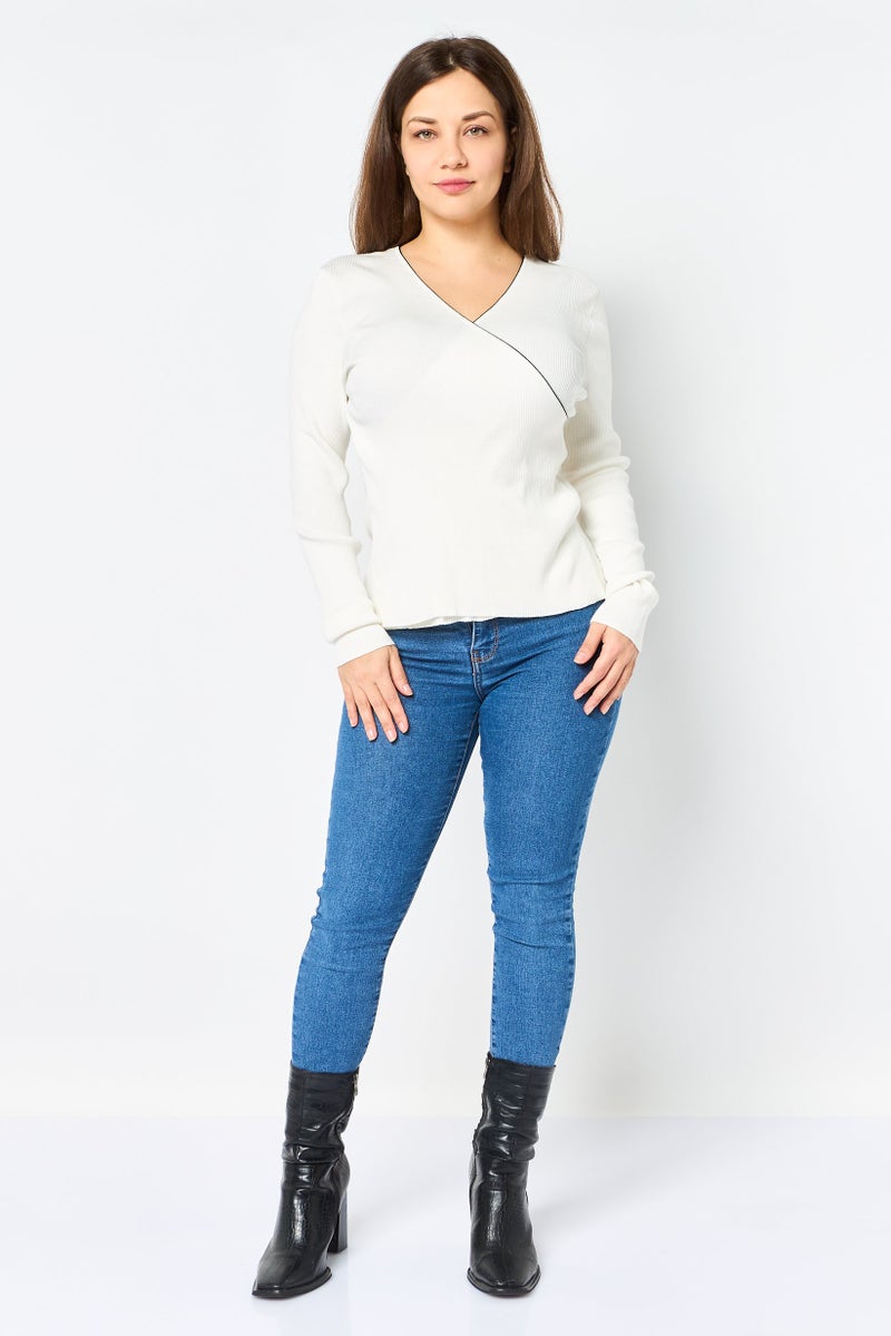 SELECTED Women Surplice Neck Long Sleeve Knitted Top, White - Image 3