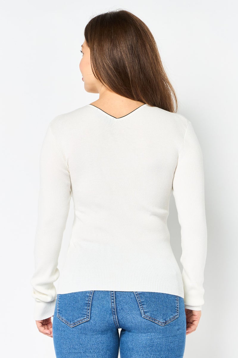 SELECTED Women Surplice Neck Long Sleeve Knitted Top, White - Image 2