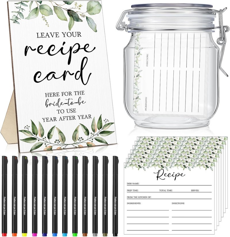 Geyoga Geyoga 114 Pcs Recipe Cards Bridal Shower Favor for Guest 1 Leave Your Recipe Card Display Sign 1 PET Jar 100 Card Double Sided 12 Fine liner Ink Pen for Wedding Bridal Shower Greenery - Image 1
