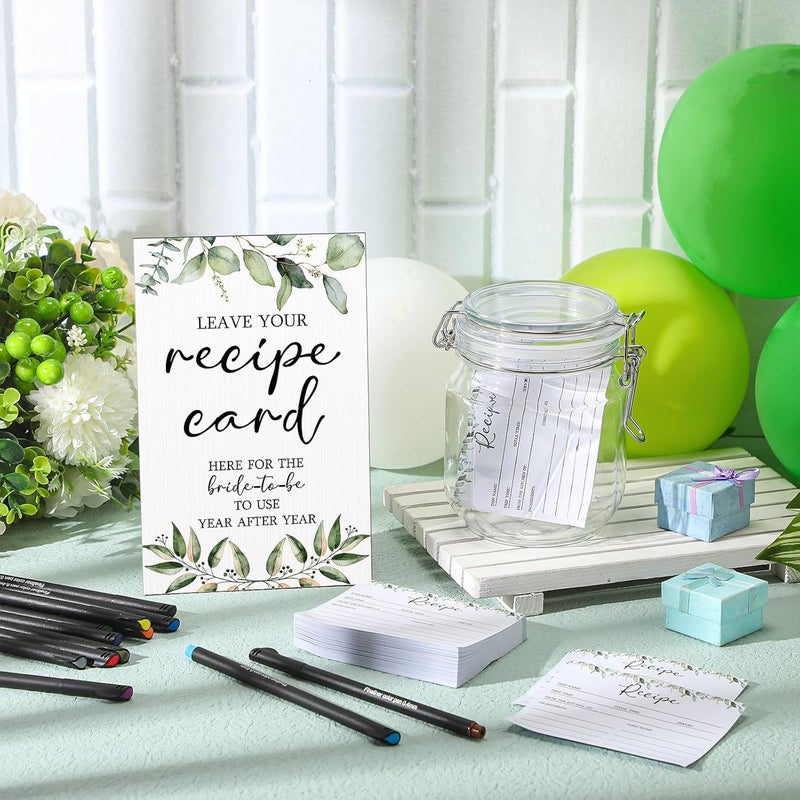 Geyoga Geyoga 114 Pcs Recipe Cards Bridal Shower Favor for Guest 1 Leave Your Recipe Card Display Sign 1 PET Jar 100 Card Double Sided 12 Fine liner Ink Pen for Wedding Bridal Shower Greenery - Image 5