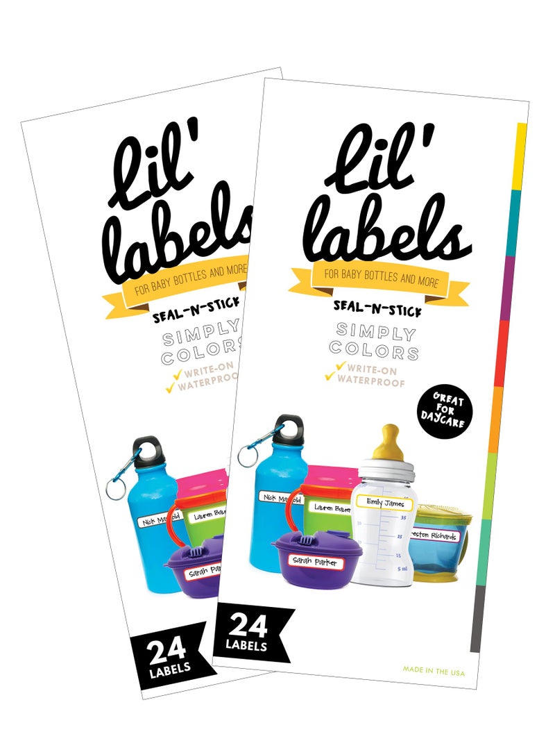 Lil' Labels Removeable, Write-On Food Bottle Labels, Write-On, Self-Laminating, Freezer Safe Waterproof Kids Name Labels for Baby Bottles, Sippy Cup for Daycare School, Dishwasher Safe (Simply Colors, Set of 2) - Image 1