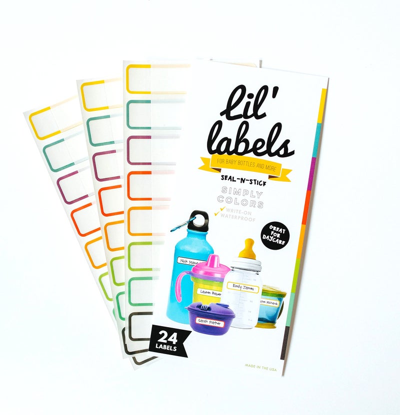 Lil' Labels Removeable, Write-On Food Bottle Labels, Write-On, Self-Laminating, Freezer Safe Waterproof Kids Name Labels for Baby Bottles, Sippy Cup for Daycare School, Dishwasher Safe (Simply Colors, Set of 2) - Image 2