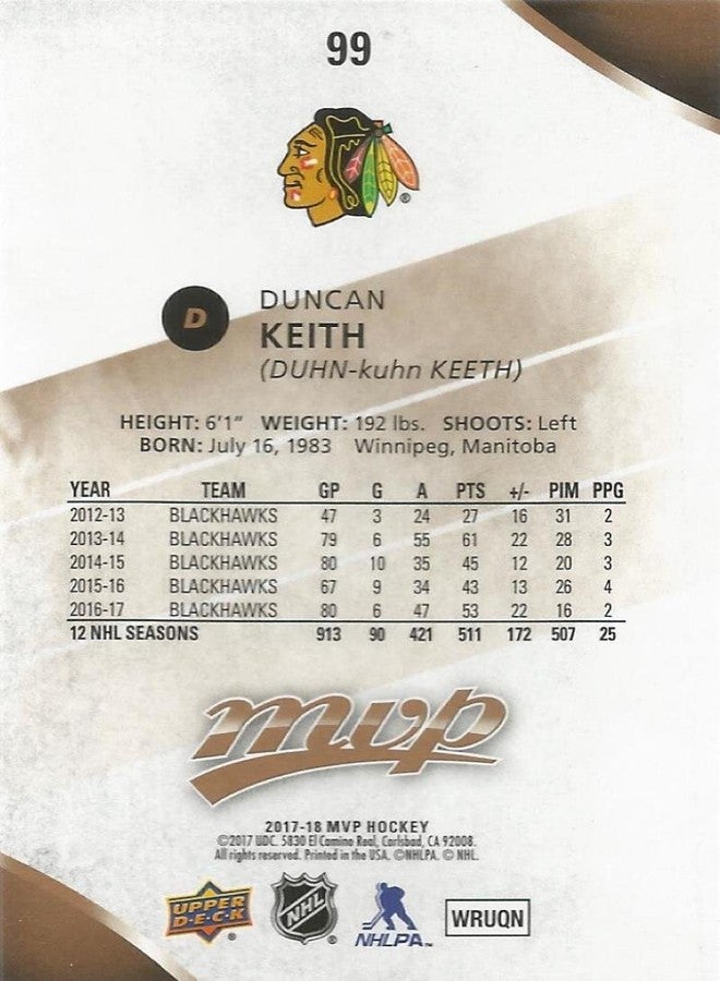 Upper Deck 2017-18 Upper Deck MVP #99 Duncan Keith Chicago Blackhawks - Image 2