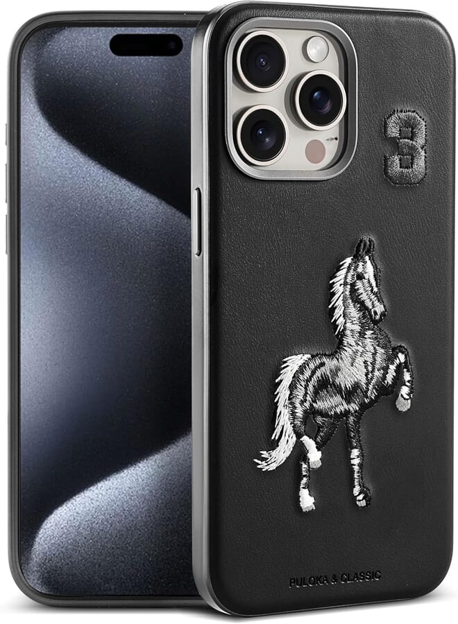 Next Store Compatible with iPhone 15 PRO MAX Phone Case – Embroidery – Stylish & Stylish – Scratch-Resistant Protective Case with Leather Back – Men & Women – Santa Barbara Polo (Black Horse)