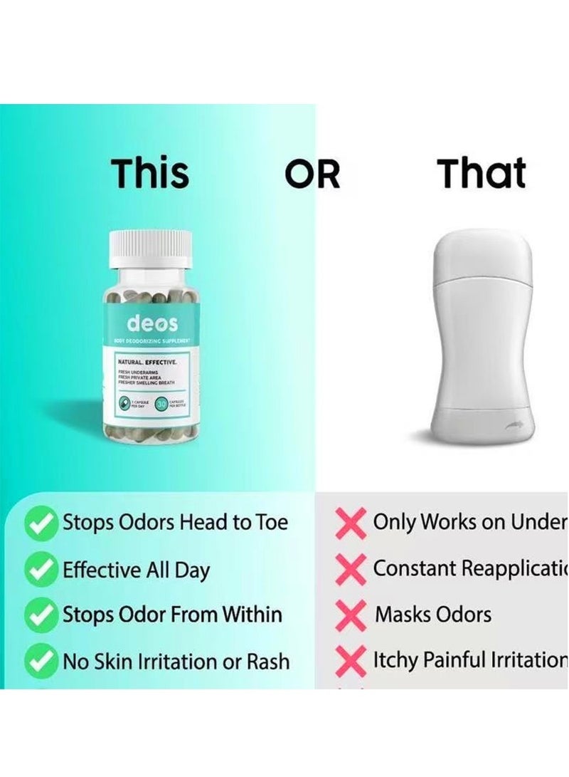 DEOS 2Pcs Chlorophyll Capsules for Body Odor Removal, Natural Deodorizing Supplement, Fresh Underarm & Breath, Internal Cleanse & Body Freshness Dietary Supplement, 30 Capsules Each - Image 3