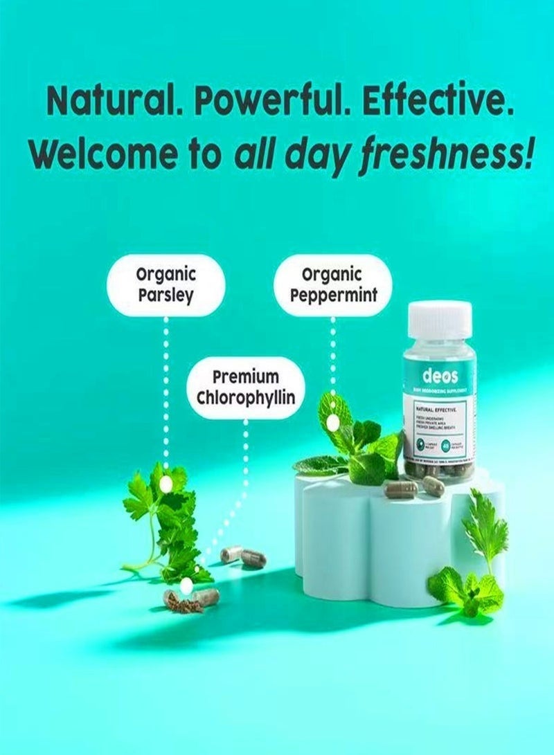 DEOS 2Pcs Chlorophyll Capsules for Body Odor Removal, Natural Deodorizing Supplement, Fresh Underarm & Breath, Internal Cleanse & Body Freshness Dietary Supplement, 30 Capsules Each - Image 2