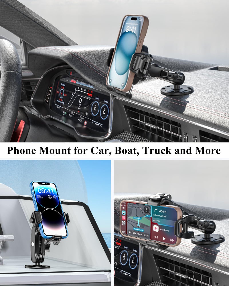 BRCOVAN Anti-Theft Phone Mount Holder with Vibration Dampener [Camera Friendly] [1s Lock & Release] with Aluminum Round Base & Medium Arm, for Car Boat Truck Motorcycle UTV, Fit 5.4-7.2'' Smartphones - Image 2