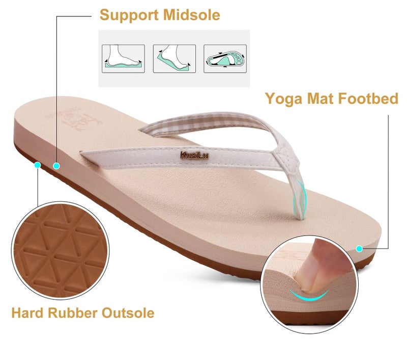 KuaiLu Womens Arch Support Flip Flops Comfortable Yoga Mat Slip on Leather Walking Thong Cushion Sandals Summer Beach Orthotic Slides Travel Essentials Indoor Outdoor Slippers Shoes Beige Size 8.5 - Image 5