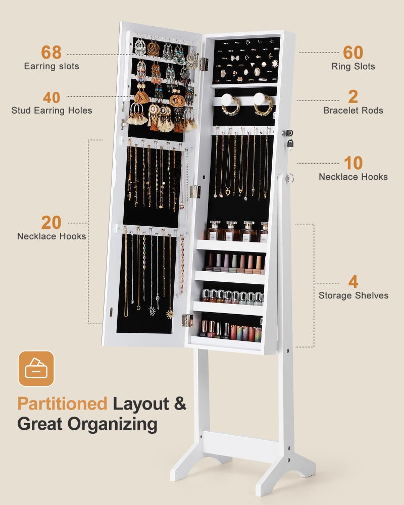 Nicetree Jewelry Cabinet Armoire, Freestanding Jewelry Armoire Organizer with Full-Length Mirror, Lockable Jewelry Storage Cabinet, Frameless Mirror, 3 Adjustable Angles, Moon White - Image 3