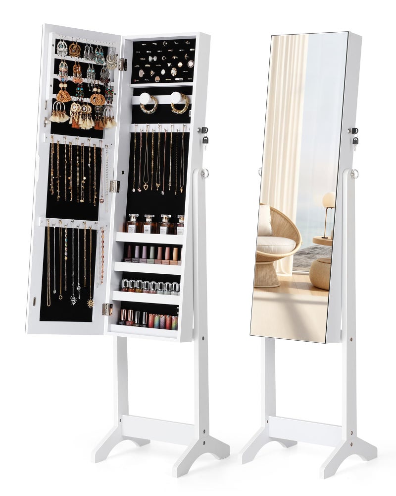 Nicetree Jewelry Cabinet Armoire, Freestanding Jewelry Armoire Organizer with Full-Length Mirror, Lockable Jewelry Storage Cabinet, Frameless Mirror, 3 Adjustable Angles, Moon White - Image 1