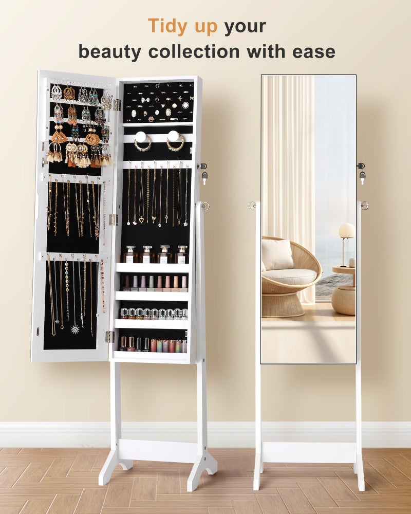Nicetree Jewelry Cabinet Armoire, Freestanding Jewelry Armoire Organizer with Full-Length Mirror, Lockable Jewelry Storage Cabinet, Frameless Mirror, 3 Adjustable Angles, Moon White - Image 4