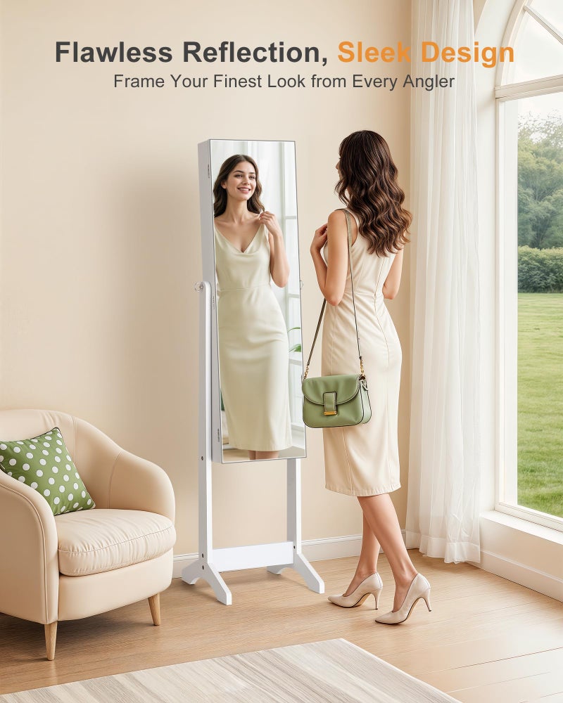 Nicetree Jewelry Cabinet Armoire, Freestanding Jewelry Armoire Organizer with Full-Length Mirror, Lockable Jewelry Storage Cabinet, Frameless Mirror, 3 Adjustable Angles, Moon White - Image 2