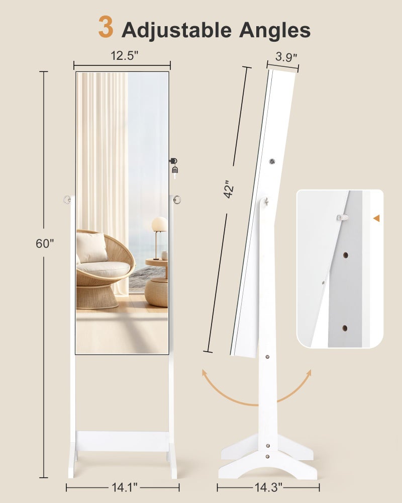 Nicetree Jewelry Cabinet Armoire, Freestanding Jewelry Armoire Organizer with Full-Length Mirror, Lockable Jewelry Storage Cabinet, Frameless Mirror, 3 Adjustable Angles, Moon White - Image 5