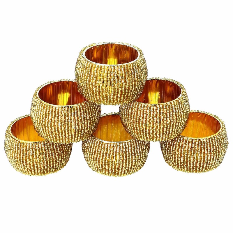 ShalinIndia Shalinindia Decorations Christmas Ornaments Beaded Napkin Rings Golden Set of 6  - Image 1