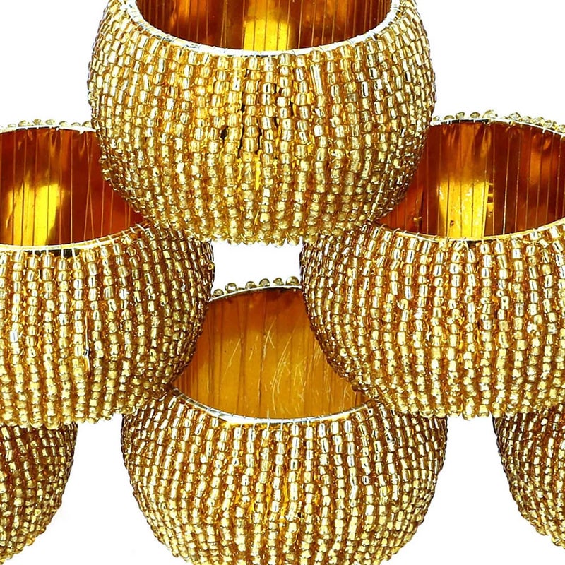 ShalinIndia Shalinindia Decorations Christmas Ornaments Beaded Napkin Rings Golden Set of 6  - Image 2