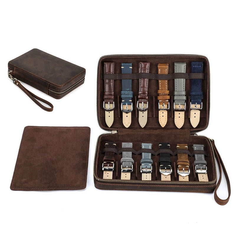 Contacts Watch Band Case Leather Travel 12 Slot Watches Bands Box for Men Watches Strap Holder Storage Organizer Compatible with Most Watch Bands - Image 1