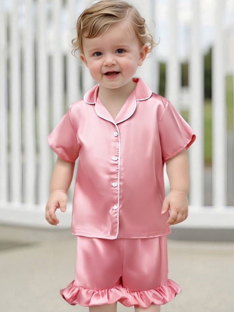 Toddler Baby Girl Summer Pajamas Set Button Down Lapel V Neck Short Sleeve Tops& Ruffled Shorts Solid Lounge Wear 2 Pcs Set - Image 2