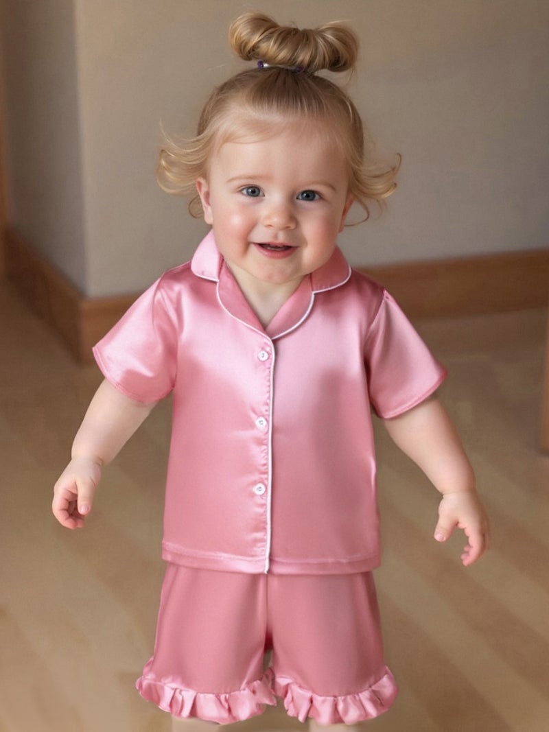 Toddler Baby Girl Summer Pajamas Set Button Down Lapel V Neck Short Sleeve Tops& Ruffled Shorts Solid Lounge Wear 2 Pcs Set - Image 4