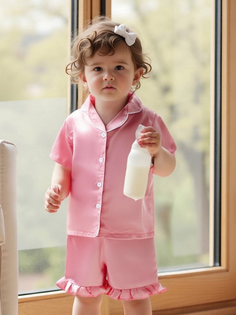 Toddler Baby Girl Summer Pajamas Set Button Down Lapel V Neck Short Sleeve Tops& Ruffled Shorts Solid Lounge Wear 2 Pcs Set - Image 1