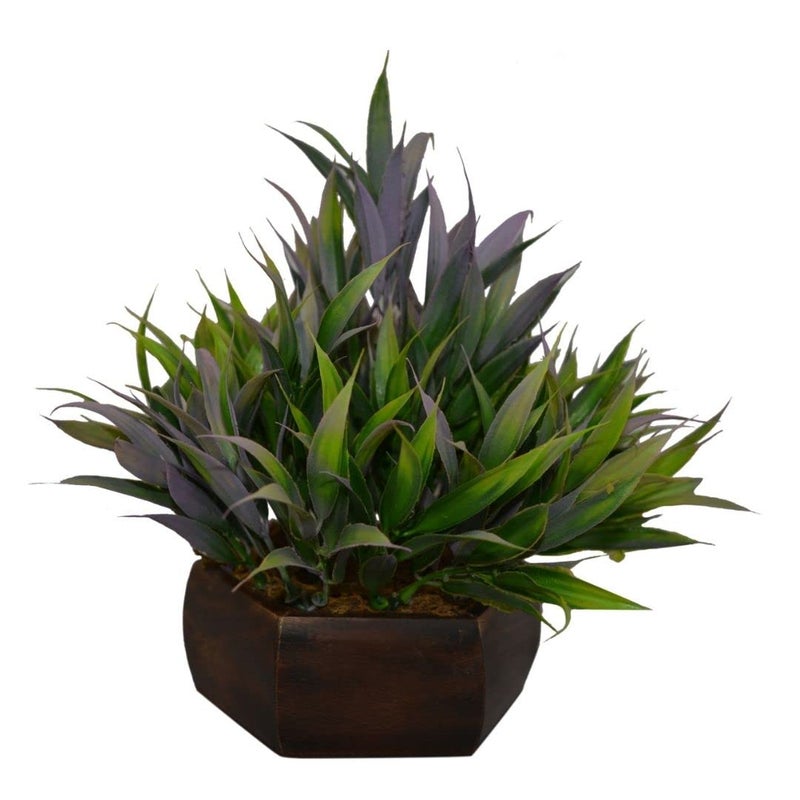fancymart fancymart Plastic Wood Artificial Bamboo Leaves Plant with Wood Hexagon Pot 26 cm x 26 cm x 20 cm 
