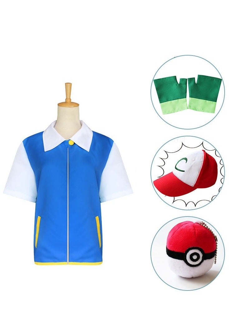 Pokemon Ash Ketchum Costume Kid Monster Trainer Cosplay Jacket Hat Gloves Coat - Image 1